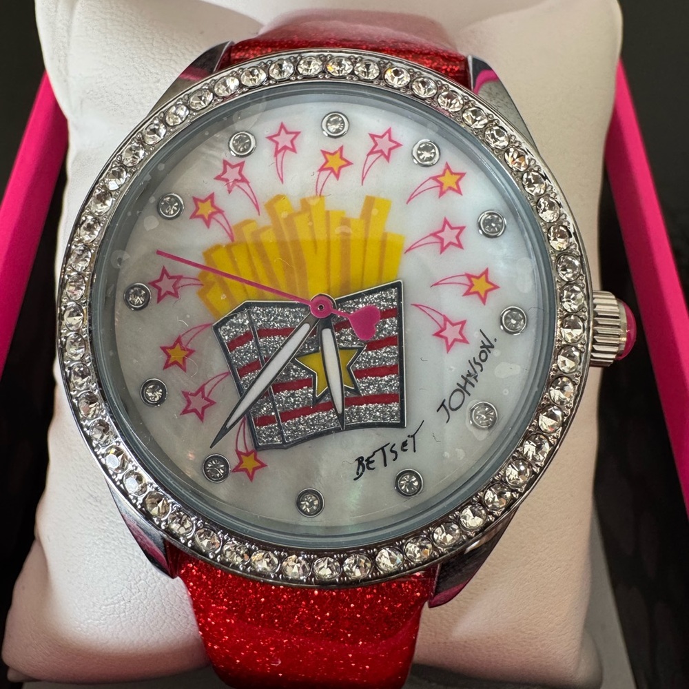 BETSEY JOHNSON "GOLDEN FRIES" RED STRAP WATCH NWT - Picture 3 of 6